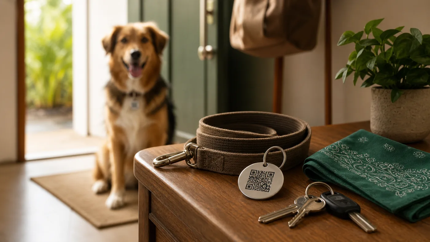 Tag QR Achei Seu Pet preparada com guia e acessórios antes do passeio